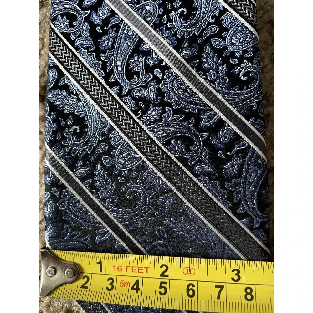 Pronto Uomo Neckwear Tie Blue Silver Paisley Striped Pattern 100% Silk JBHS